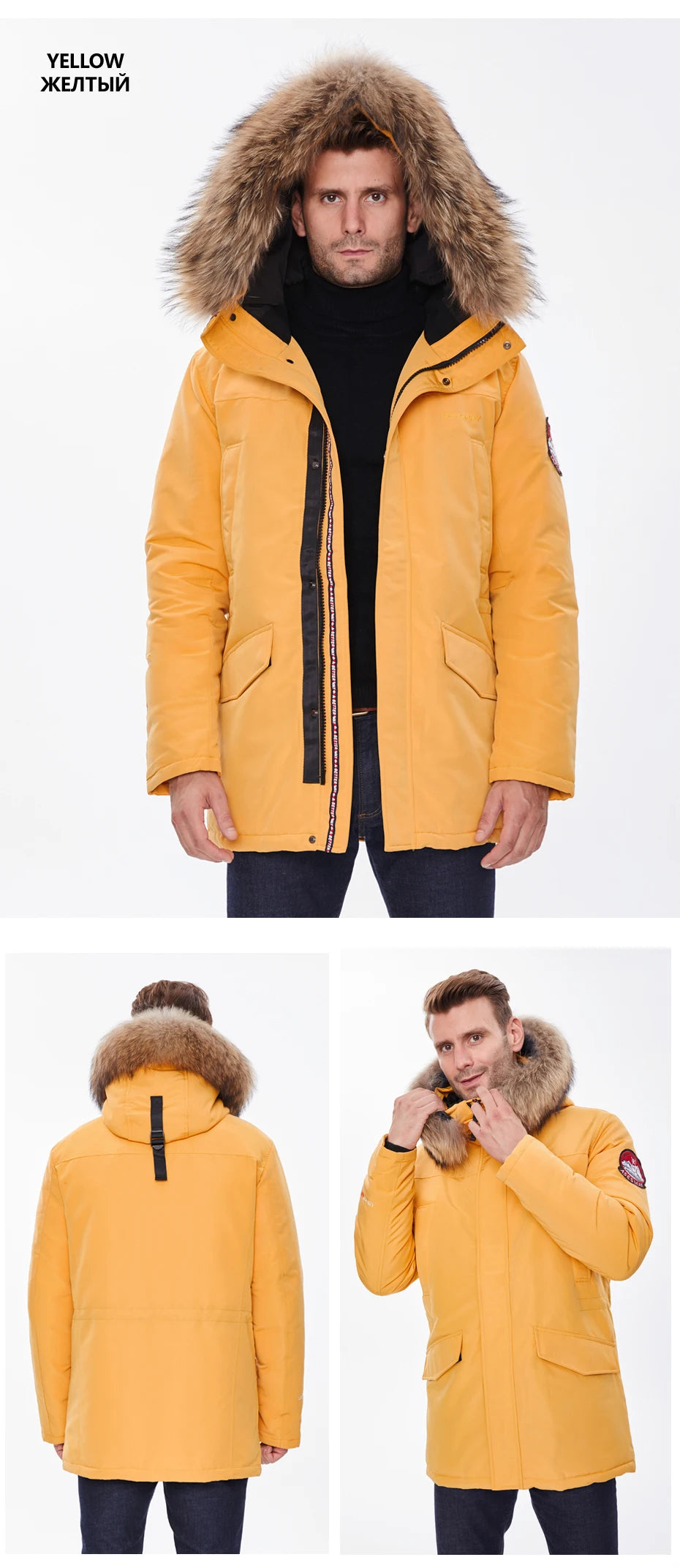 2025 New Winter Jacket Men Long Fur Collar Hooded Coats Parka