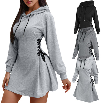 Women Tie Waist Mini Dress Hoodies