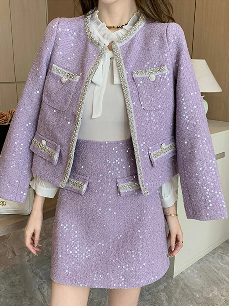 Women Clothes Vintage Sequin Tweed Outfits Ladies Elegant Luxury Coat