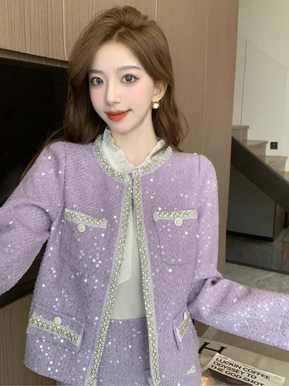 Women Clothes Vintage Sequin Tweed Outfits Ladies Elegant Luxury Coat