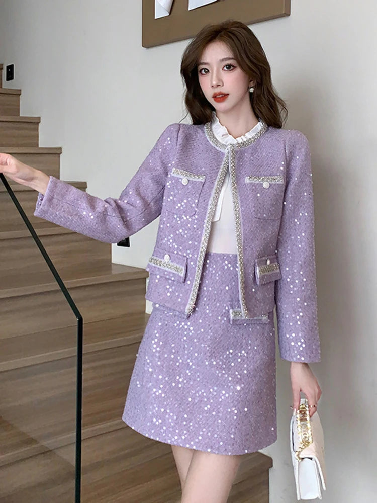 Women Clothes Vintage Sequin Tweed Outfits Ladies Elegant Luxury Coat