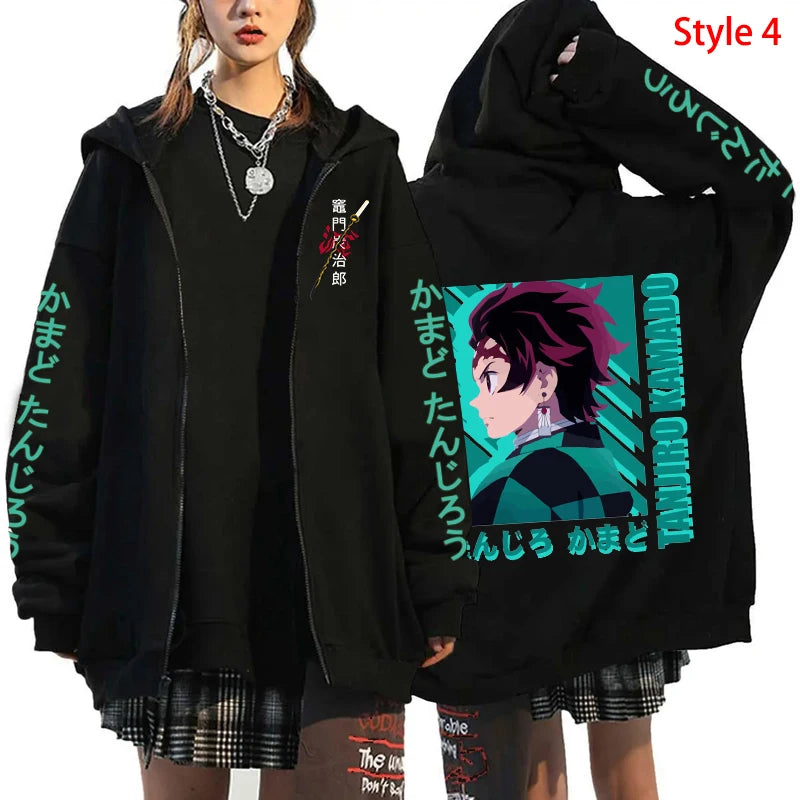 New Fashion Pocket Zippered Hoodie Hot Anime Kamado Tanjirou