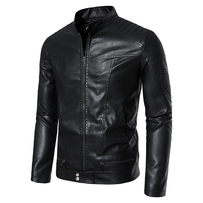 Autumn Leather Bomber Moto Jacket Solid Motorcycle Man   Stand Collar PU  s Coats