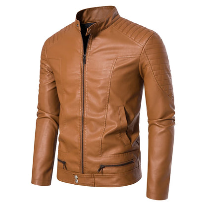 Autumn Leather Bomber Moto Jacket Solid Motorcycle Man   Stand Collar PU  s Coats