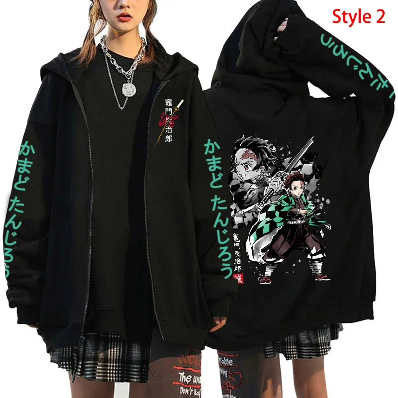 New Fashion Pocket Zippered Hoodie Hot Anime Kamado Tanjirou