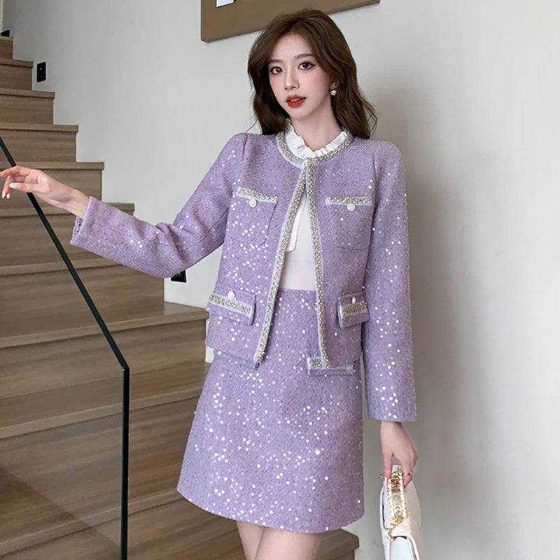 Women Clothes Vintage Sequin Tweed Outfits Ladies Elegant Luxury Coat