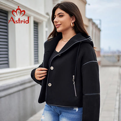 Astrid Autumn Women's Jacket Double-Faced Fur Spliced Design Hooded