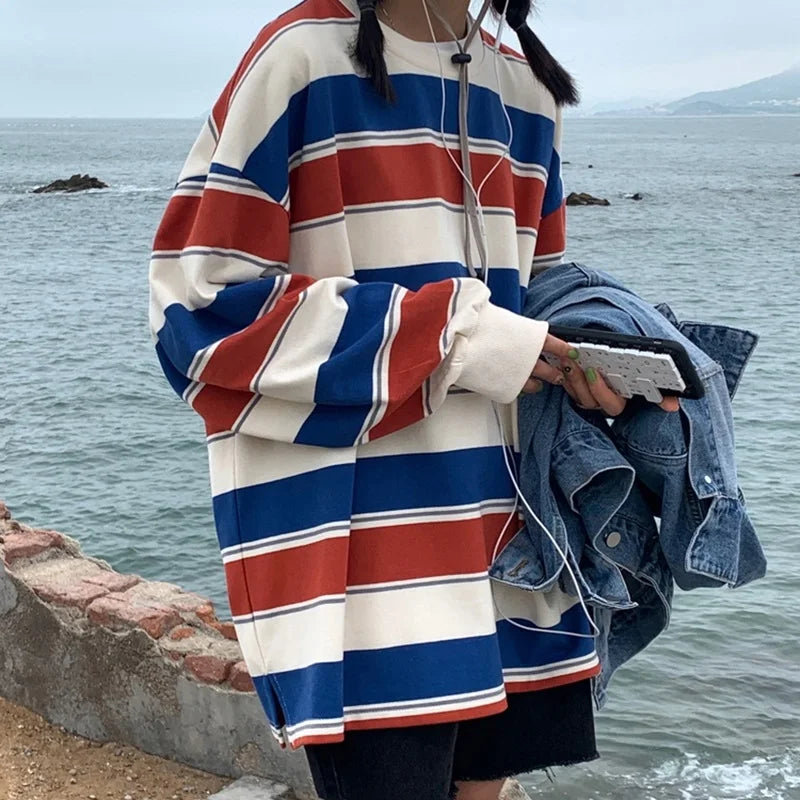 spring autumn Striped hoodies women fashion