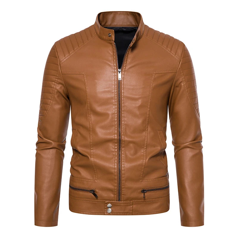 Autumn Leather Bomber Moto Jacket Solid Motorcycle Man   Stand Collar PU  s Coats