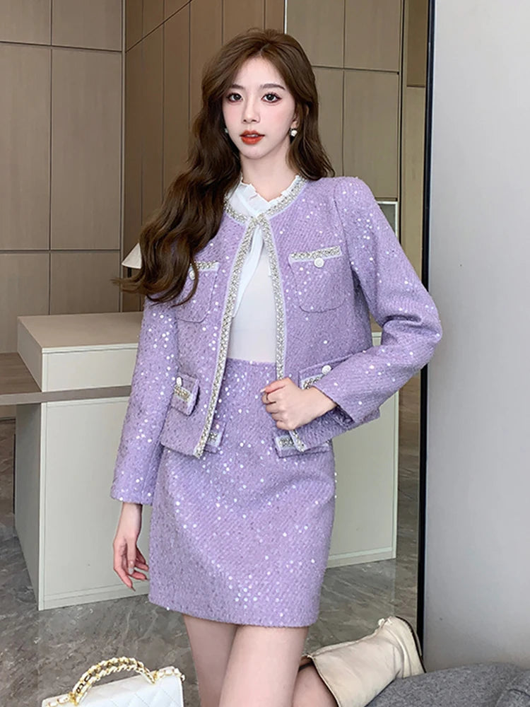 Women Clothes Vintage Sequin Tweed Outfits Ladies Elegant Luxury Coat