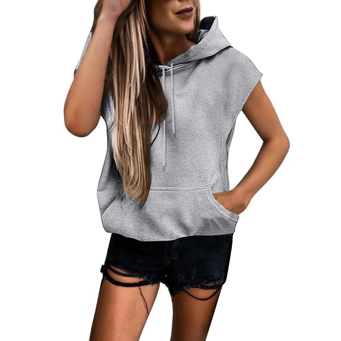 Women Sweatshirt Pullovers Short Sleeves Hoodies Fashion Solid Hooded Spring Summer 2025