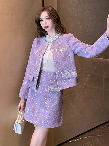 Women Clothes Vintage Sequin Tweed Outfits Ladies Elegant Luxury Coat