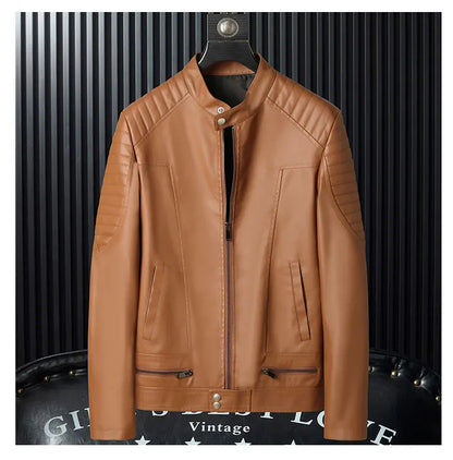 Autumn Leather Bomber Moto Jacket Solid Motorcycle Man   Stand Collar PU  s Coats