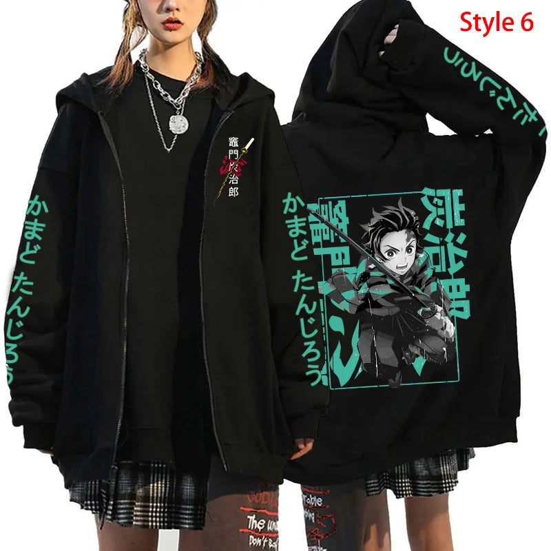 New Fashion Pocket Zippered Hoodie Hot Anime Kamado Tanjirou