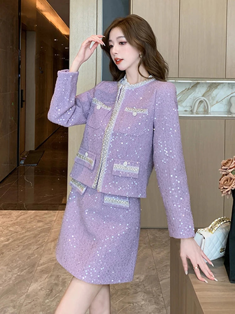 Women Clothes Vintage Sequin Tweed Outfits Ladies Elegant Luxury Coat