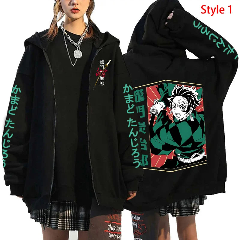 New Fashion Pocket Zippered Hoodie Hot Anime Kamado Tanjirou