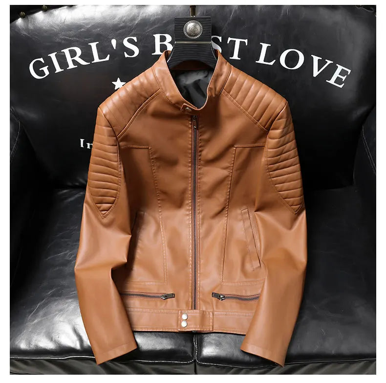 Autumn Leather Bomber Moto Jacket Solid Motorcycle Man   Stand Collar PU  s Coats