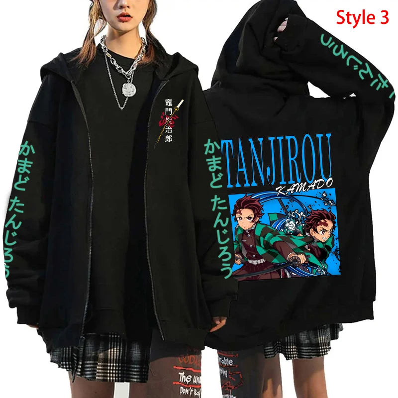 New Fashion Pocket Zippered Hoodie Hot Anime Kamado Tanjirou