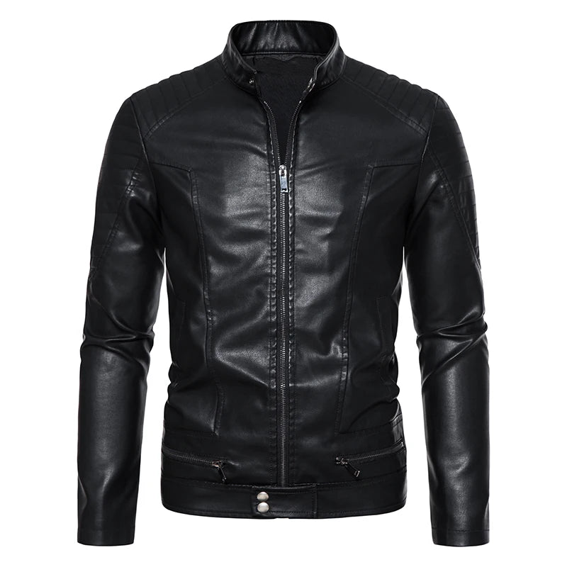 Autumn Leather Bomber Moto Jacket Solid Motorcycle Man   Stand Collar PU  s Coats