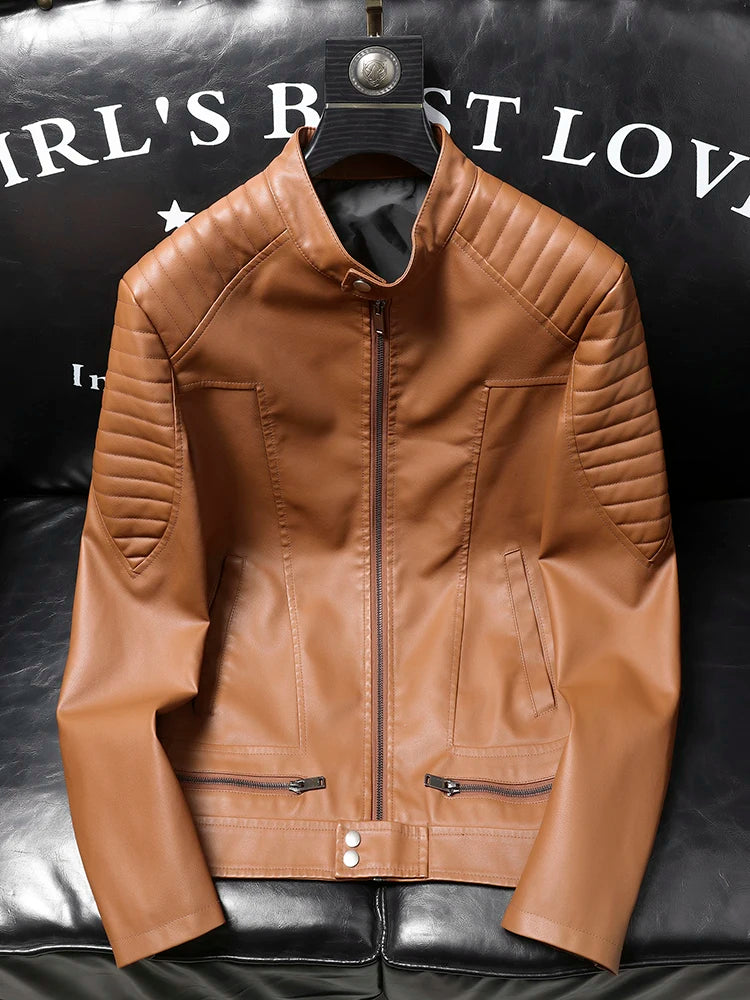 Autumn Leather Bomber Moto Jacket Solid Motorcycle Man   Stand Collar PU  s Coats