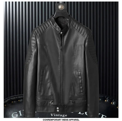 Autumn Leather Bomber Moto Jacket Solid Motorcycle Man   Stand Collar PU  s Coats